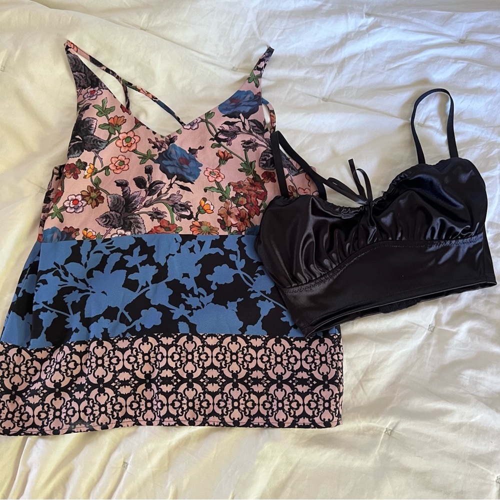 Lot of 2 Tops Topshop Colorful Pattern Strappy Halter Forever21 Black Satin Crop